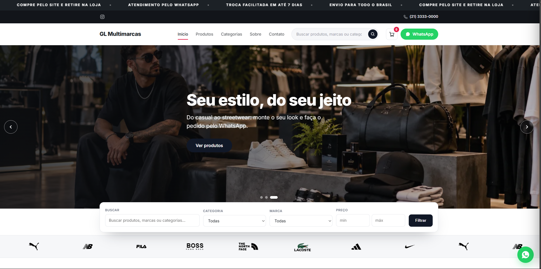 Vitrine da GL Multimarcas no computador: faixa promocional, busca, banner, filtros, marcas e WhatsApp