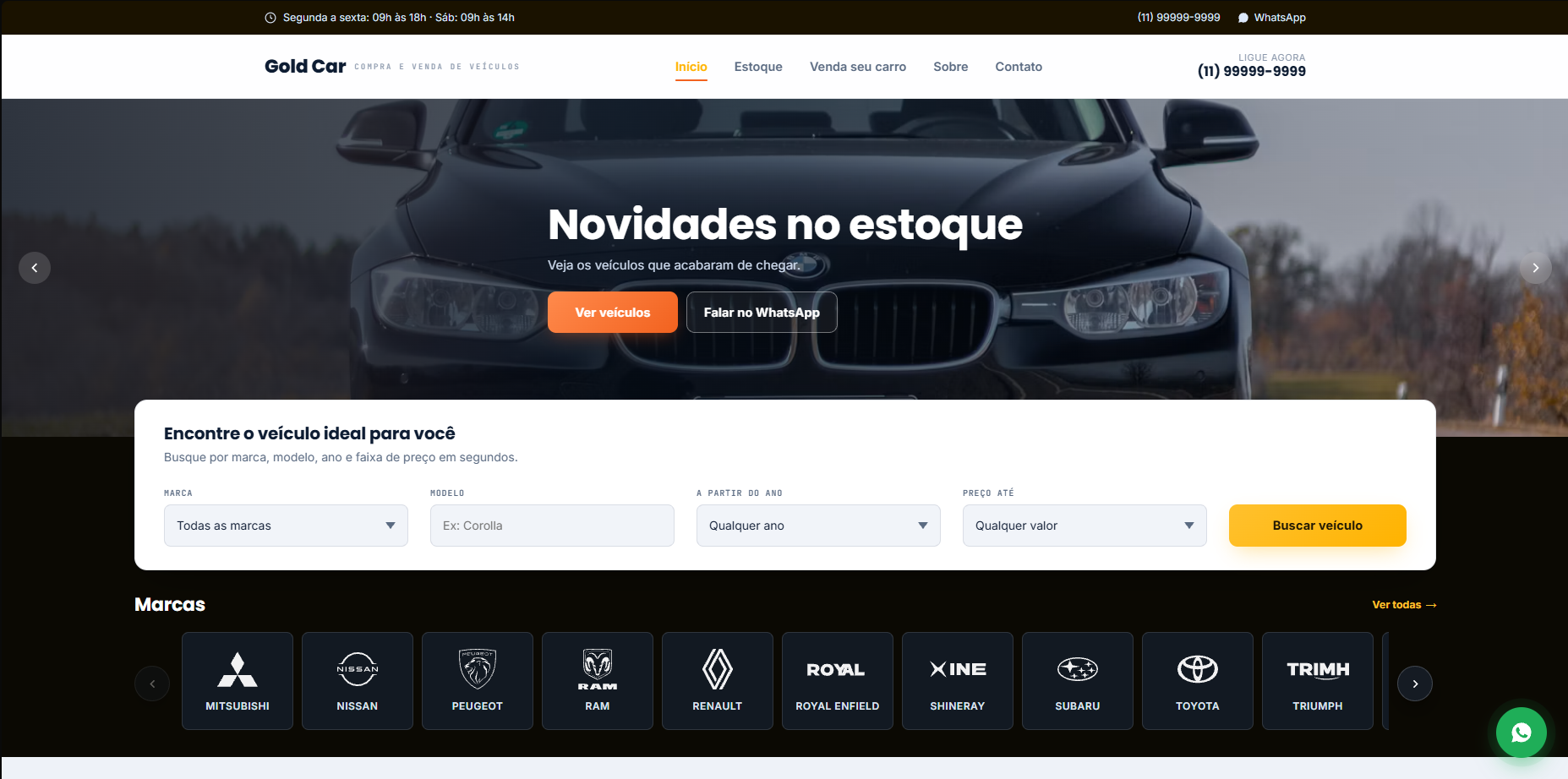 Vitrine da Gold Car no computador: header, banner, filtros, marcas e WhatsApp